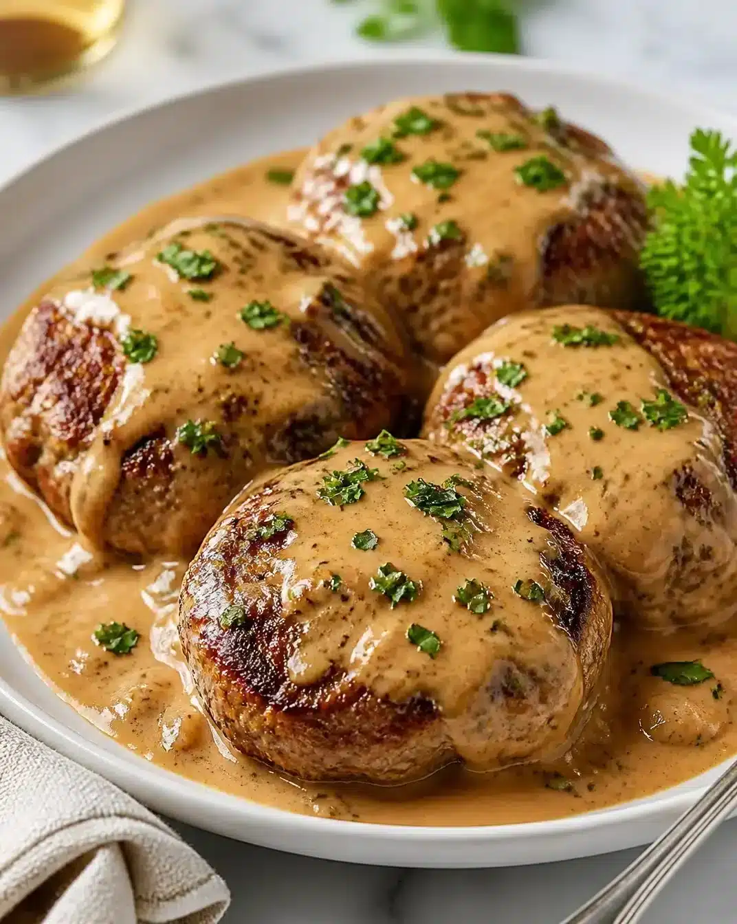 Hamburger steaks topped with creamy whiskey sauce on a plate