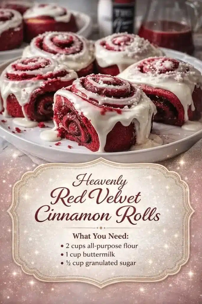 Freshly baked red velvet cinnamon rolls topped with cream cheese icing.
