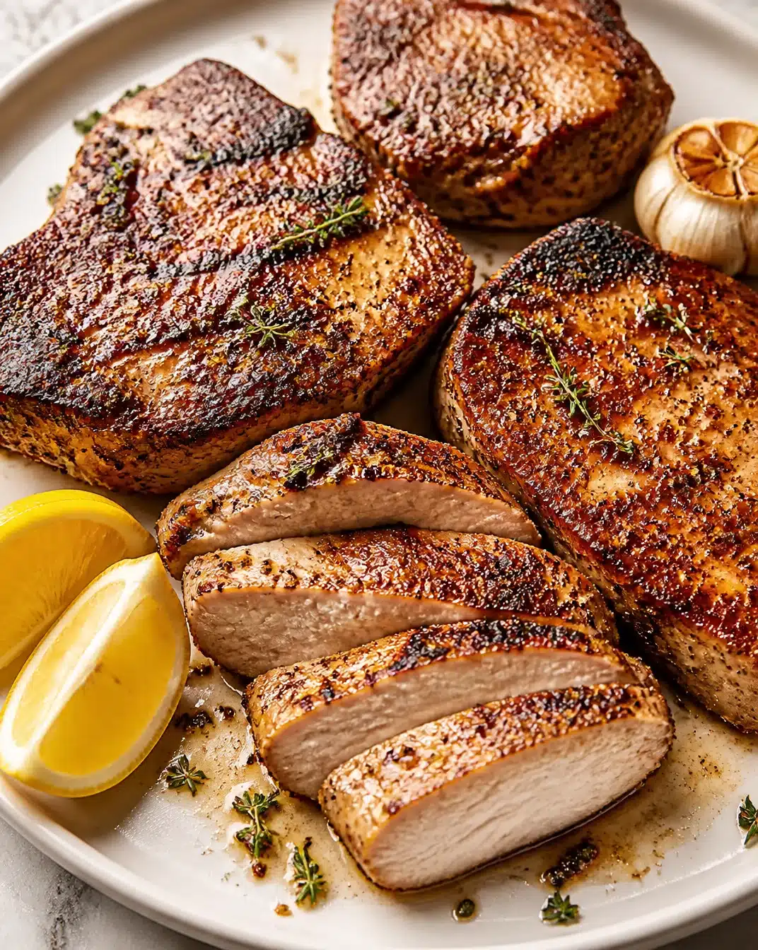 Herb-dusted grilled pork chops with garlic on a serving plate
