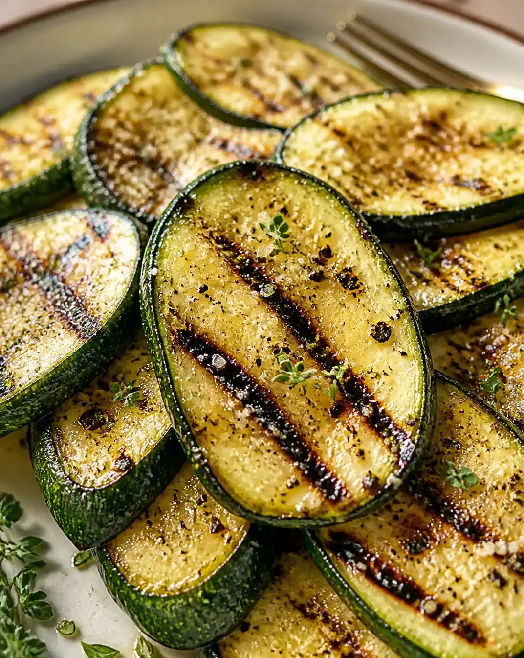 Delicious herb-grilled zucchini slices on a barbecue grill.