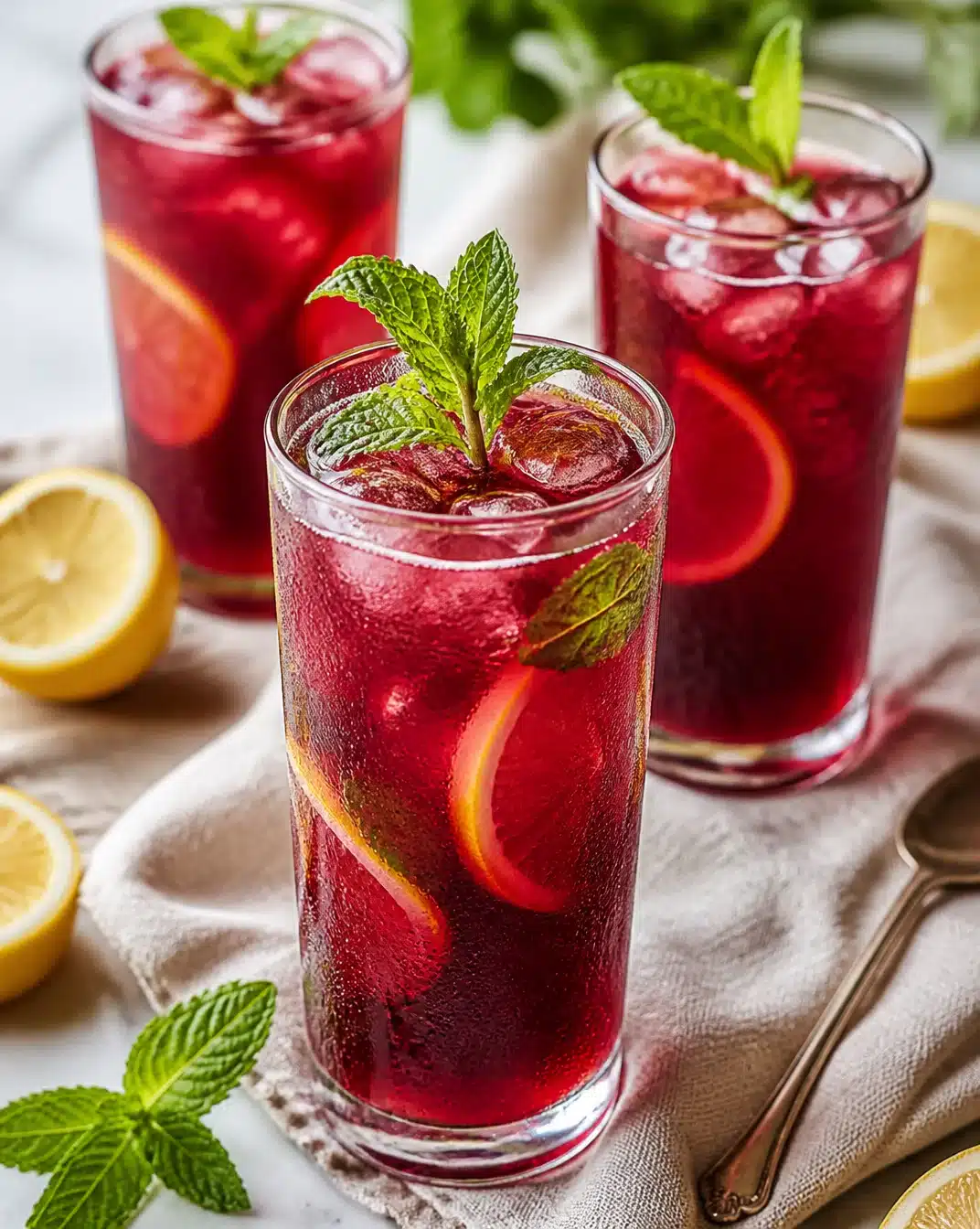 Refreshing glass of Hibiscus Iced Tea with ice and lemon slice