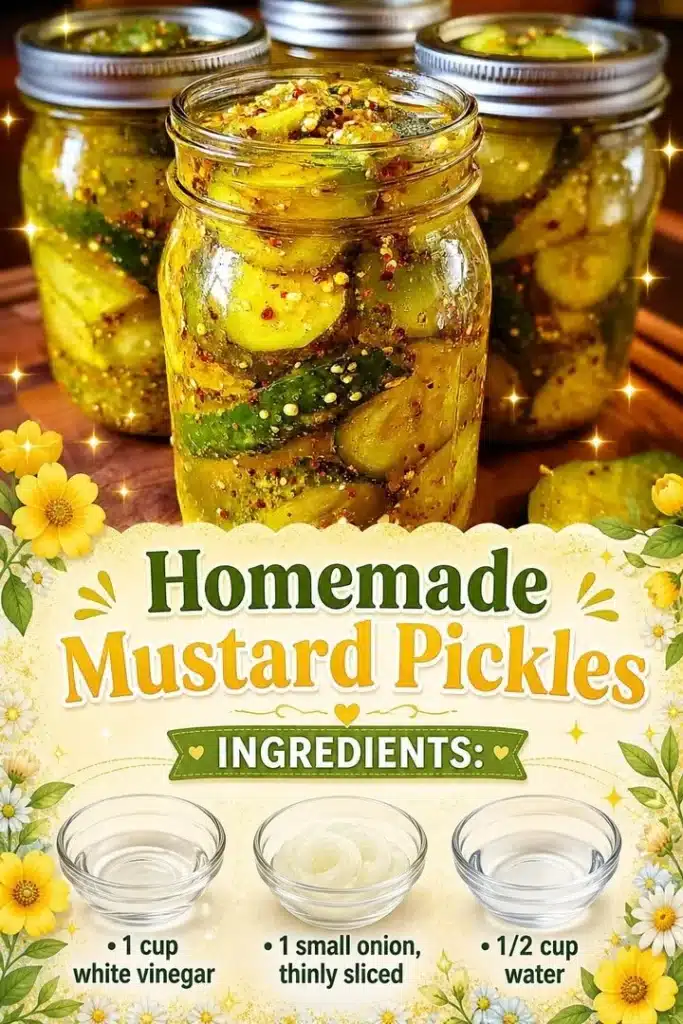 Jar of homemade mustard pickles with fresh ingredients