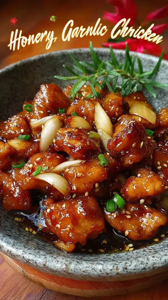 Delicious Honey Garlic Chicken served on a plate with garnish.