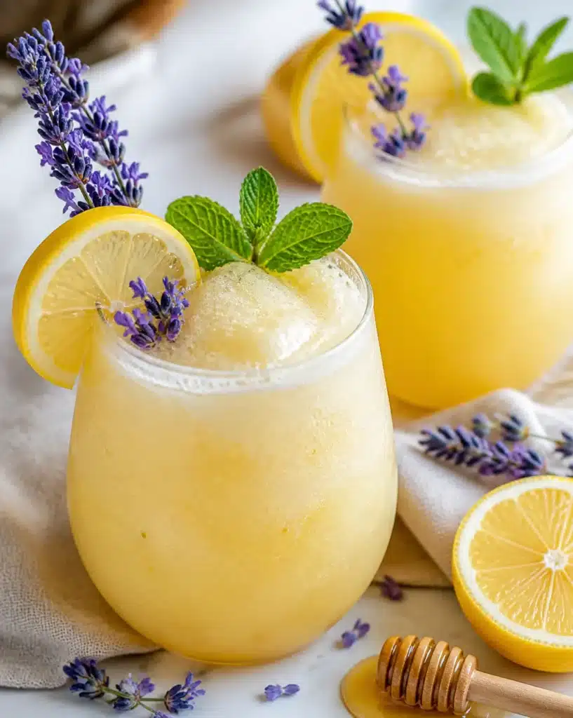 Honey-Lavender Lemonade Slush served in a chilled glass with lavender garnish