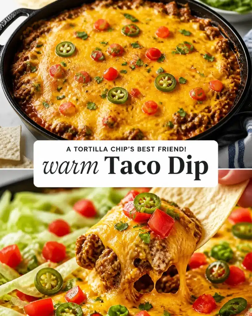 Delicious hot taco dip made with cheese, beans, and spices.