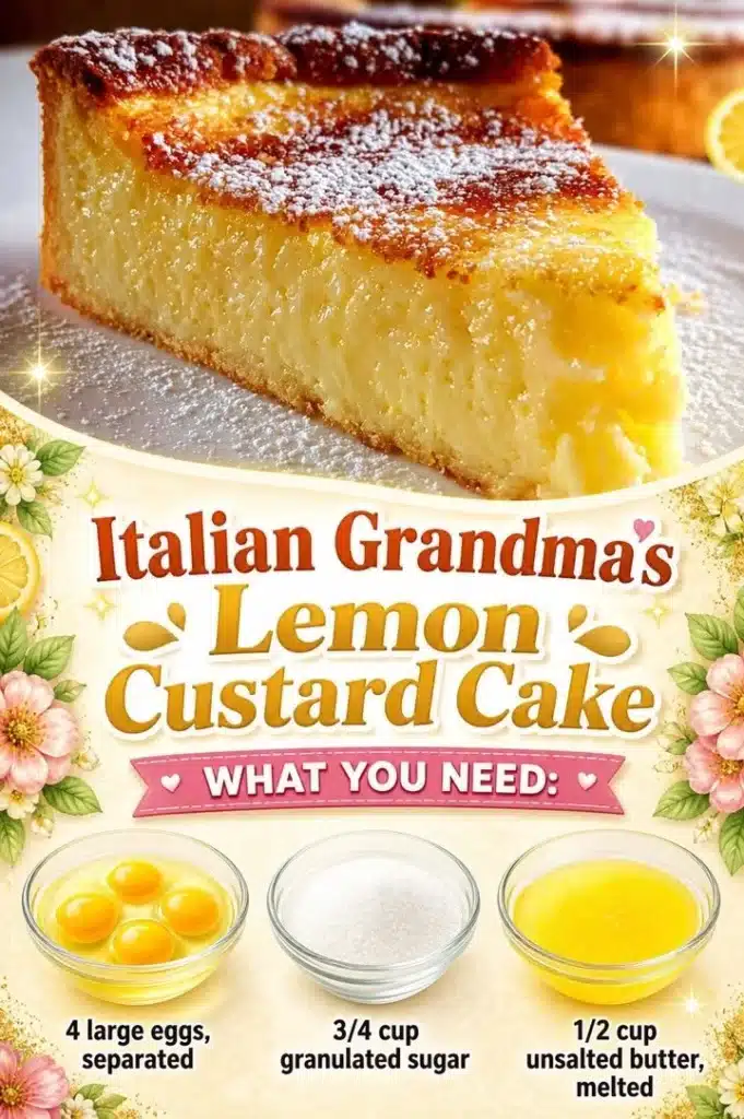 Delicious Italian Grandma's Lemon Custard Cake served with fresh lemon slices