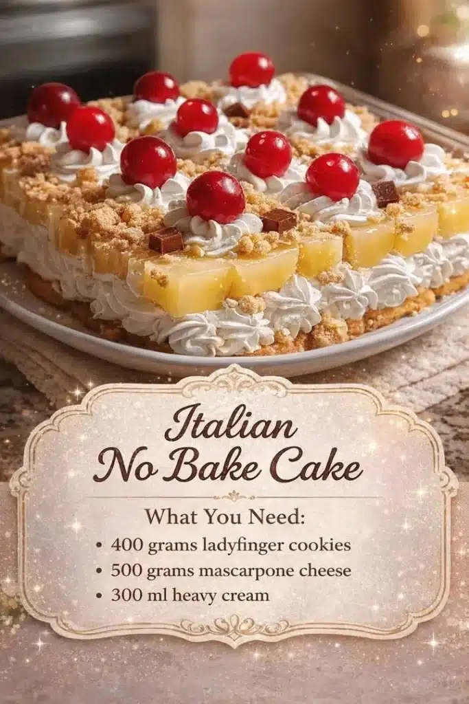 Delicious Italian No Bake Cake decorated with fruits and chocolate