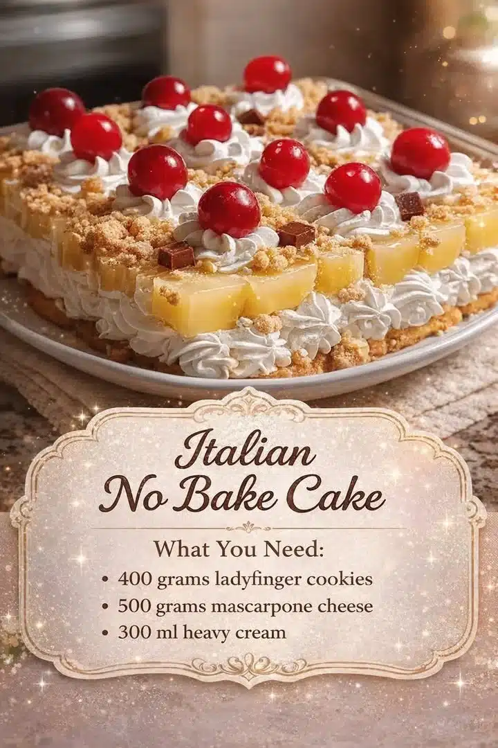 Delicious Italian No Bake Cake decorated with fruits and chocolate