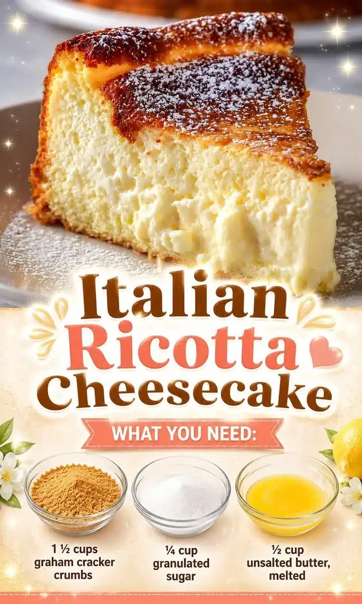 Delicious slice of Italian Ricotta Cheesecake topped with fresh berries