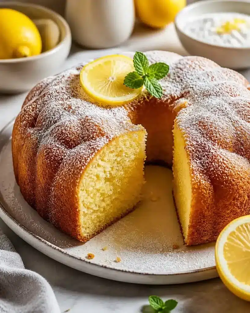 Delicious Italian-style lemon cake garnished with lemon slices and powdered sugar.
