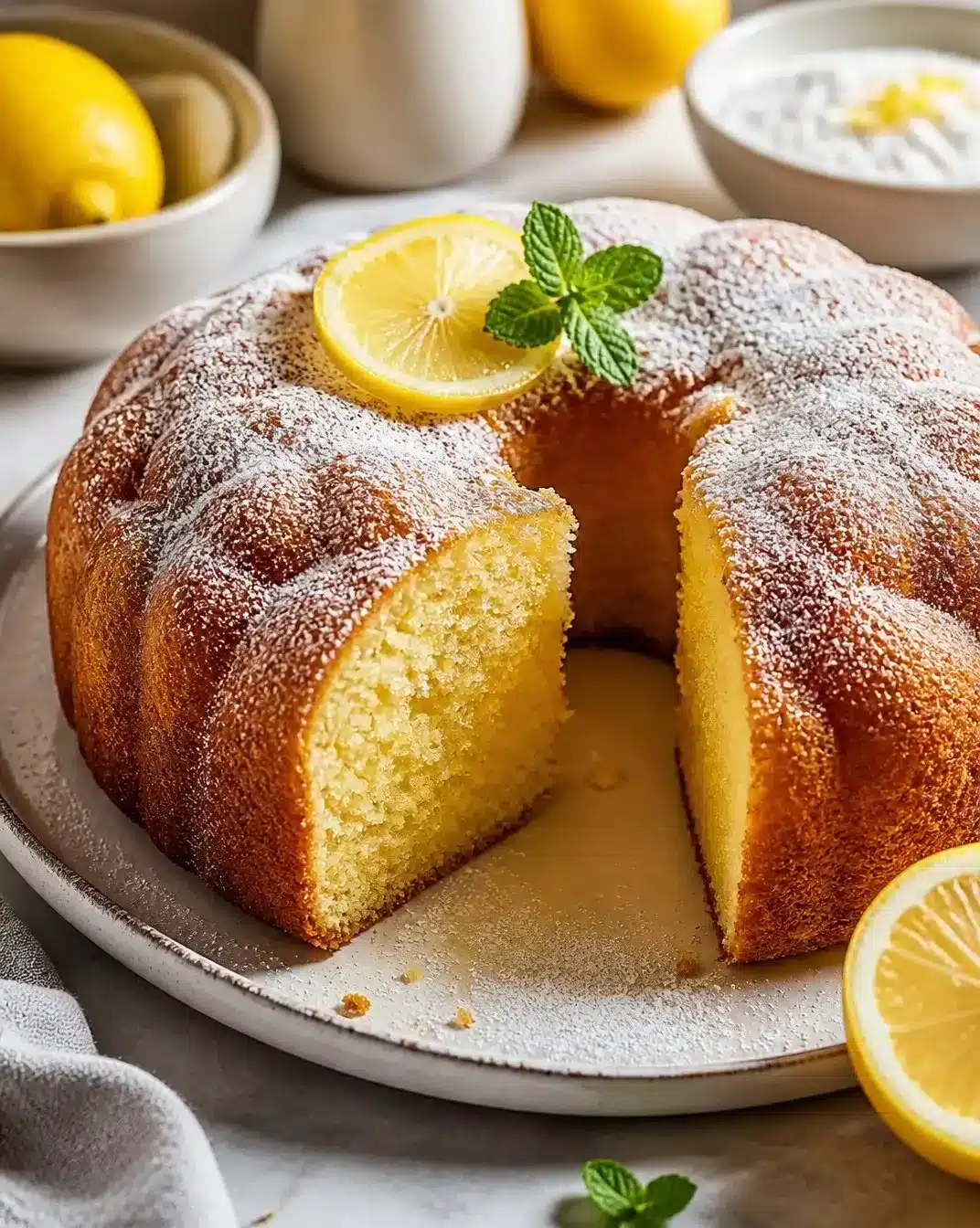 Italian-Style Lemon Cake 1 Delicious Italian-style lemon cake garnished with lemon slices and powdered sugar.