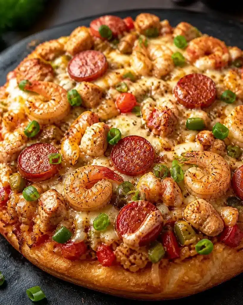 Delicious Jambalaya Pizza topped with shrimp, sausage, and spices.