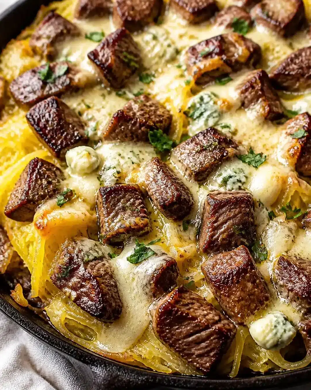 Keto Steak with Gorgonzola Alfredo sauce and roasted squash on a plate