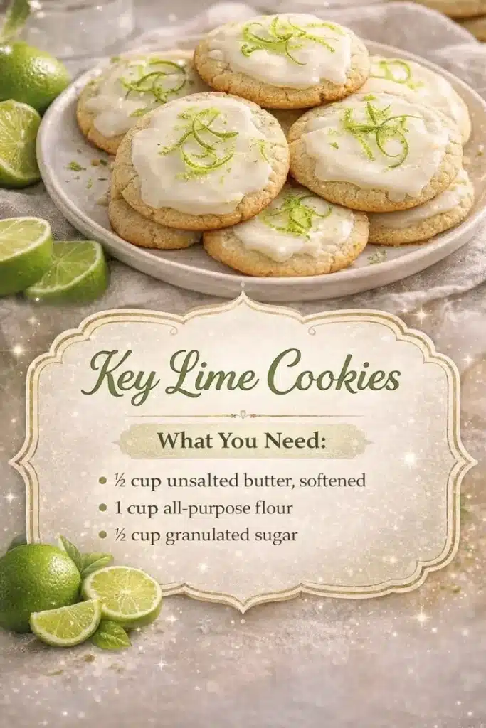 Delicious Key Lime Cookies with a tart and sweet flavor, garnished with lime zest.
