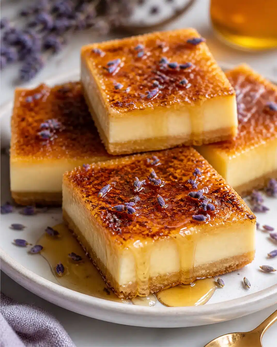 Lavender honey creme brulee bars with a golden caramelized top for dessert.