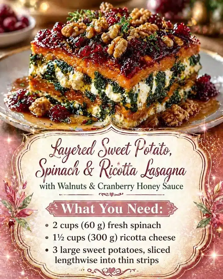 Layered sweet potato lasagna with spinach, ricotta, walnuts, and cranberry honey sauce.