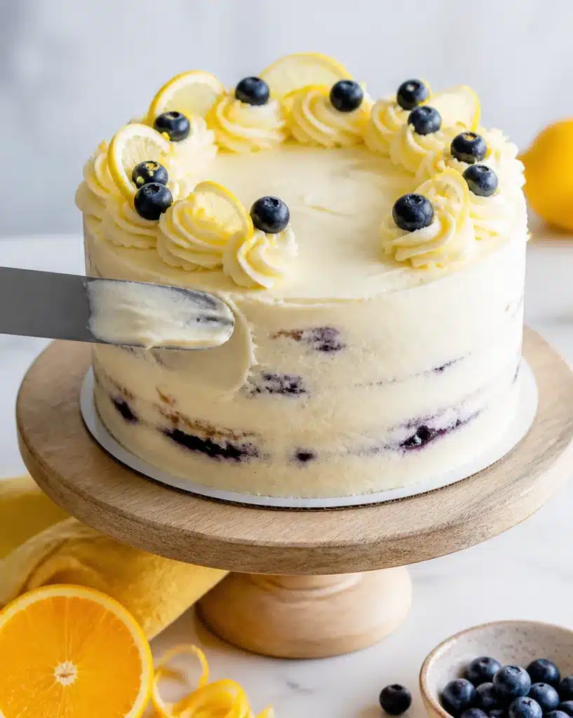 Lemon Blueberry Cake topped with fresh blueberries and lemon zest.