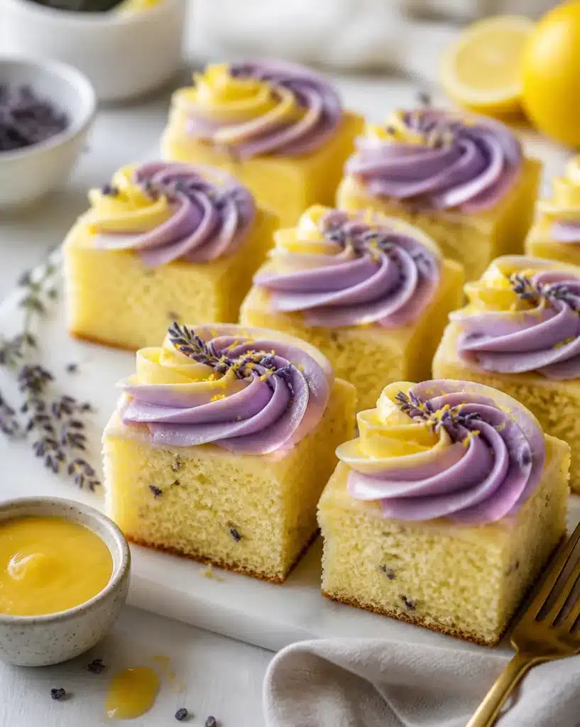 Lemon curd and lavender sheet cake topped with a lemon glaze and edible flowers