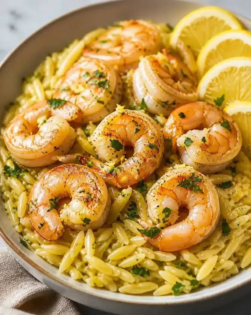 Delicious lemon garlic shrimp served with orzo on a plate.