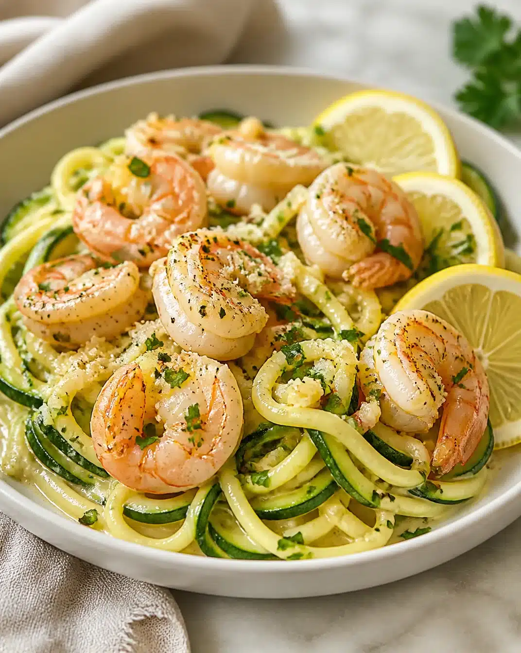 Plate of Lemon-Garlic Shrimp served with fresh zucchini noodles