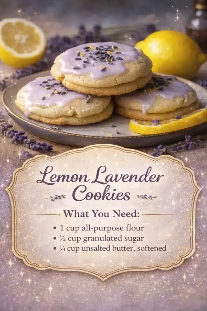 Plate of freshly baked Lemon Lavender Cookies garnished with lemon zest and lavender sprigs