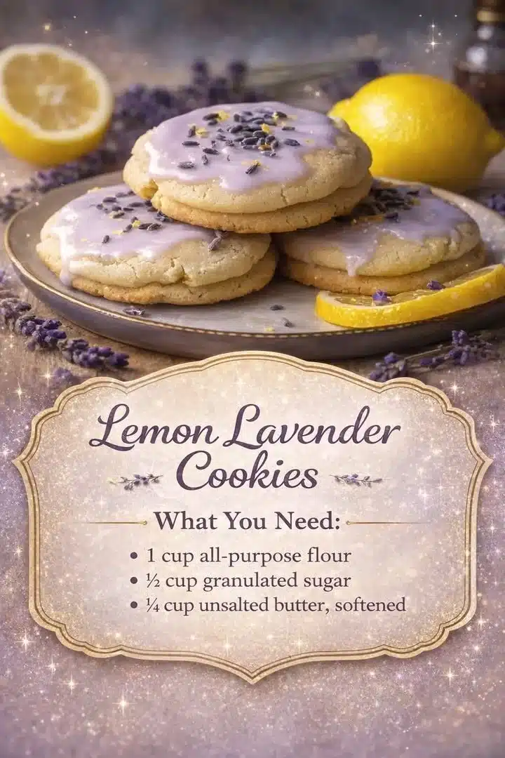 Plate of freshly baked Lemon Lavender Cookies garnished with lemon zest and lavender sprigs