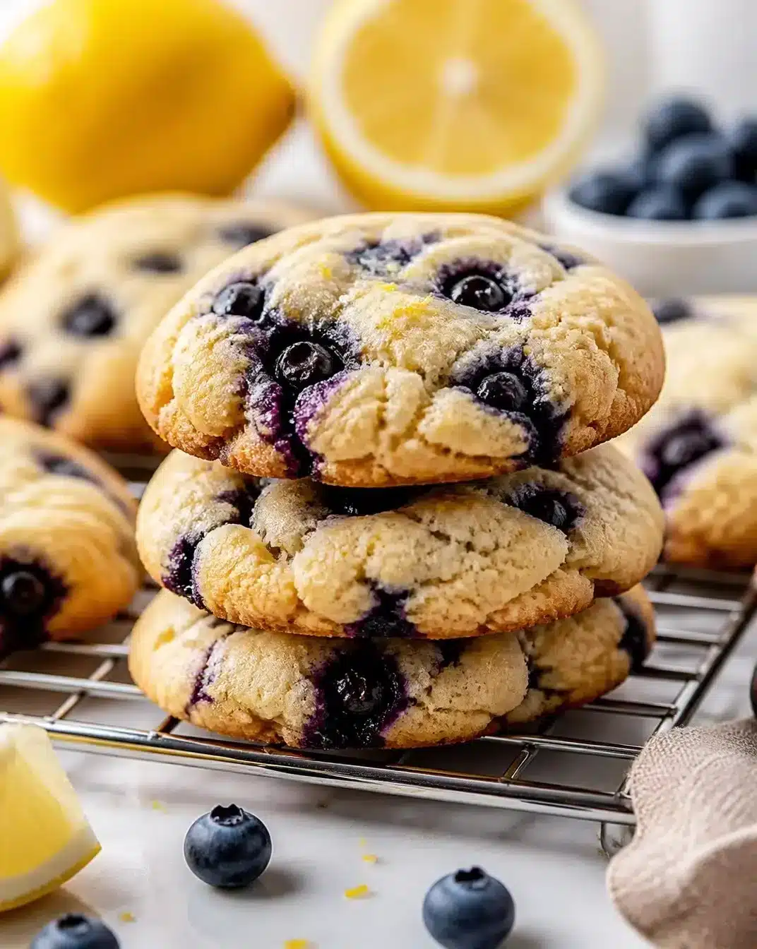 Lemon Zest Cheesecake Cookies with Blueberries 1 Lemon zest cheesecake cookies topped with fresh blueberries on a plate.