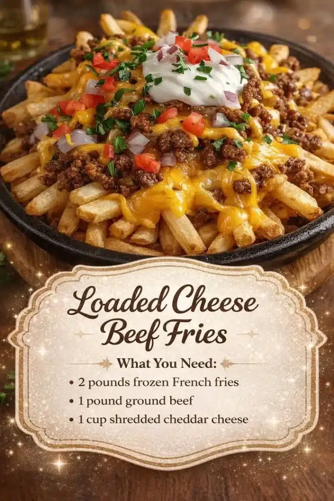 Delicious Loaded Cheese Beef Fries topped with savory beef and melted cheese.