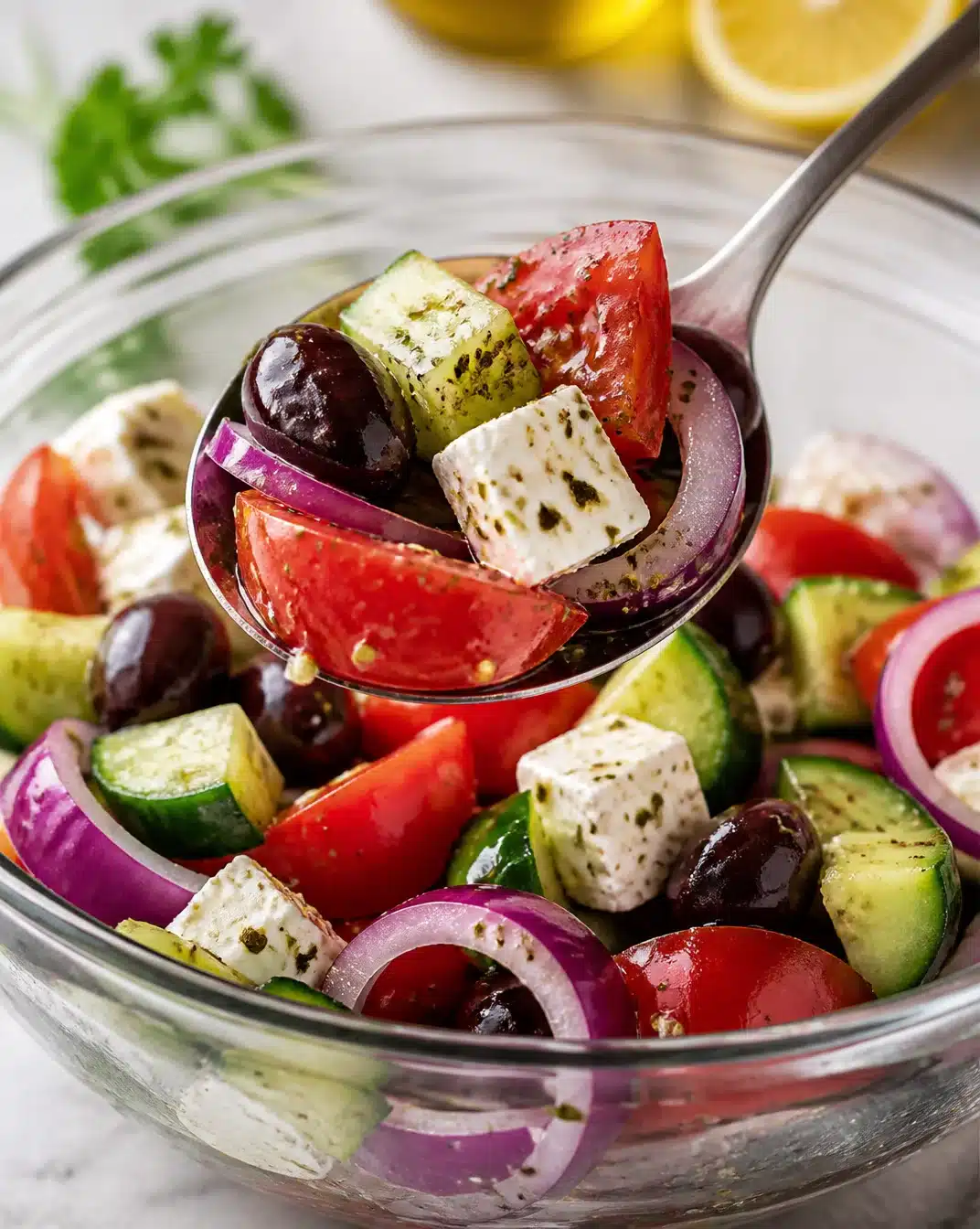 Low-carb Greek salad with fresh vegetables and feta cheese on a plate
