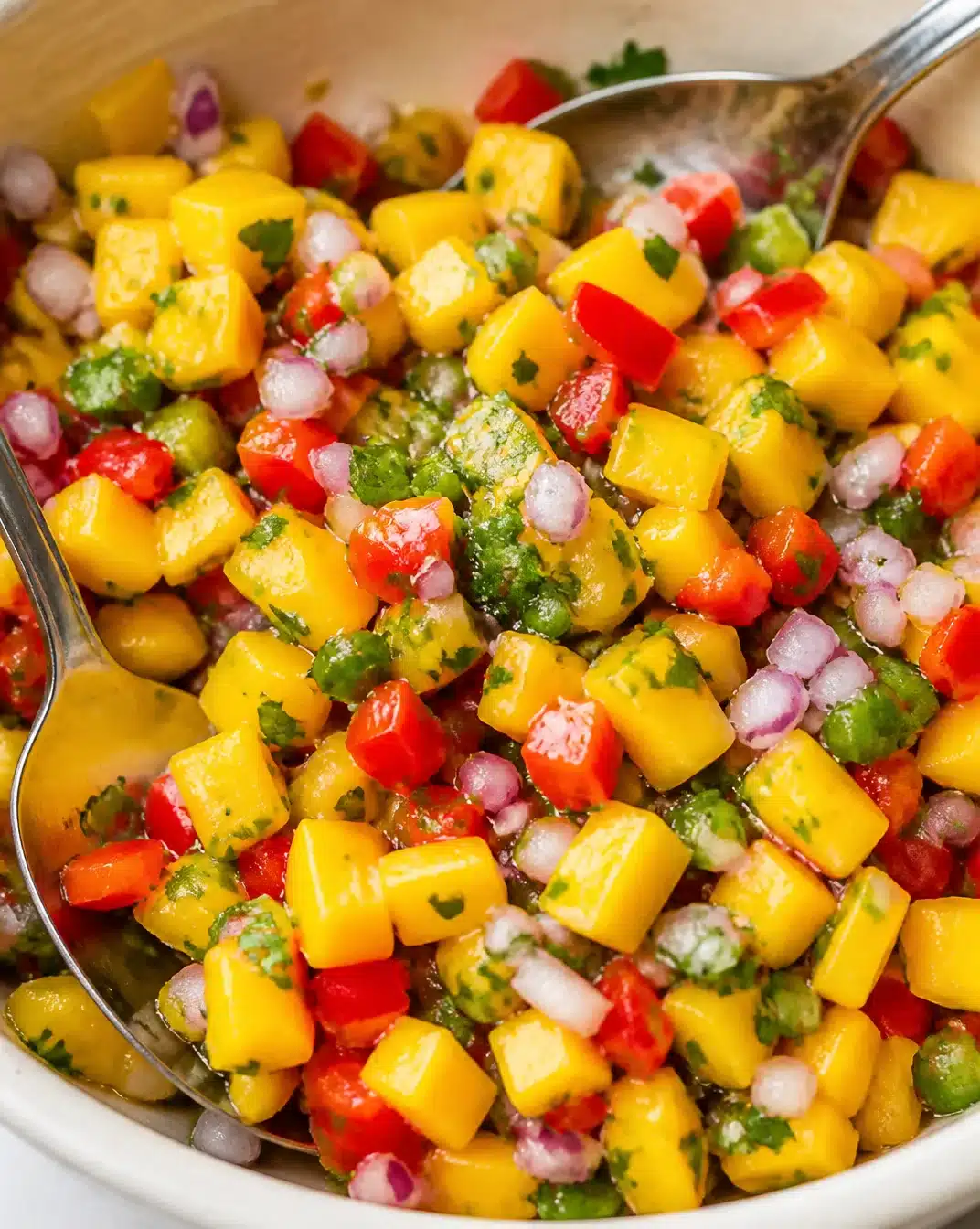 Fresh mango salsa made with ripe mangoes, cilantro, and lime juice