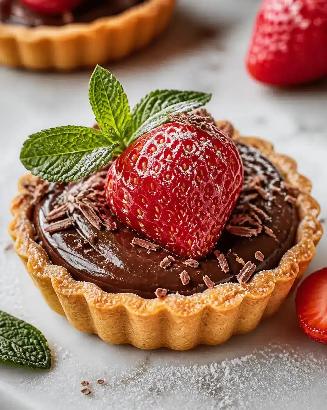 Mini Strawberry Chocolate Tartlets 1 Delicious mini strawberry chocolate tartlets garnished with fresh strawberries.
