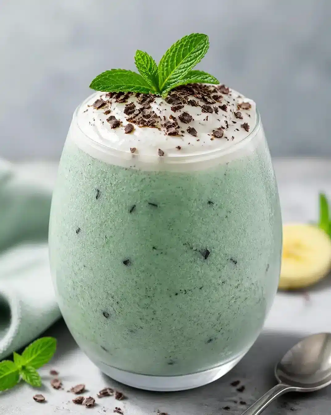 Mint Chip Spirulina Smoothie 1 Mint Chip Spirulina Smoothie in a glass with mint leaves and chocolate chips