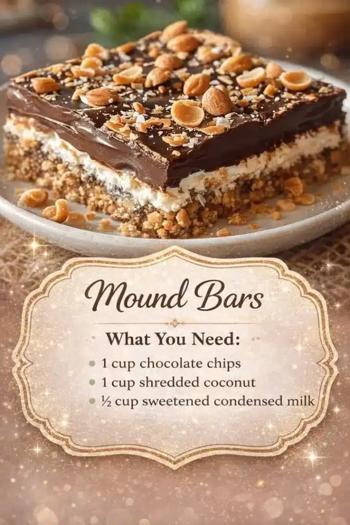 Delicious Mound Bars topped with chocolate and coconut.