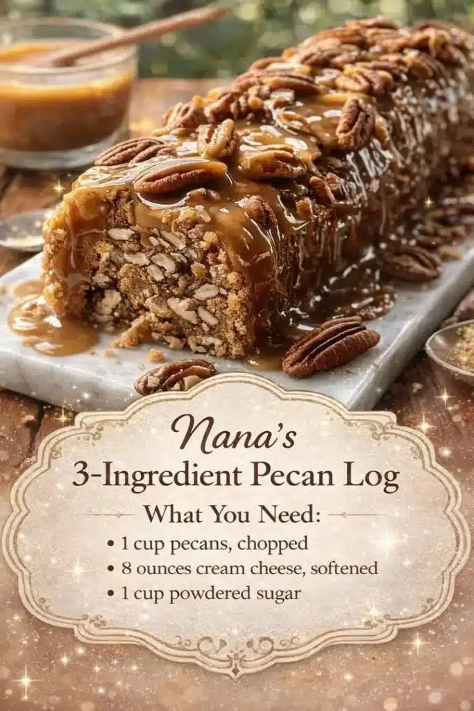 Nana’s 3-Ingredient Pecan Log dessert on a wooden table