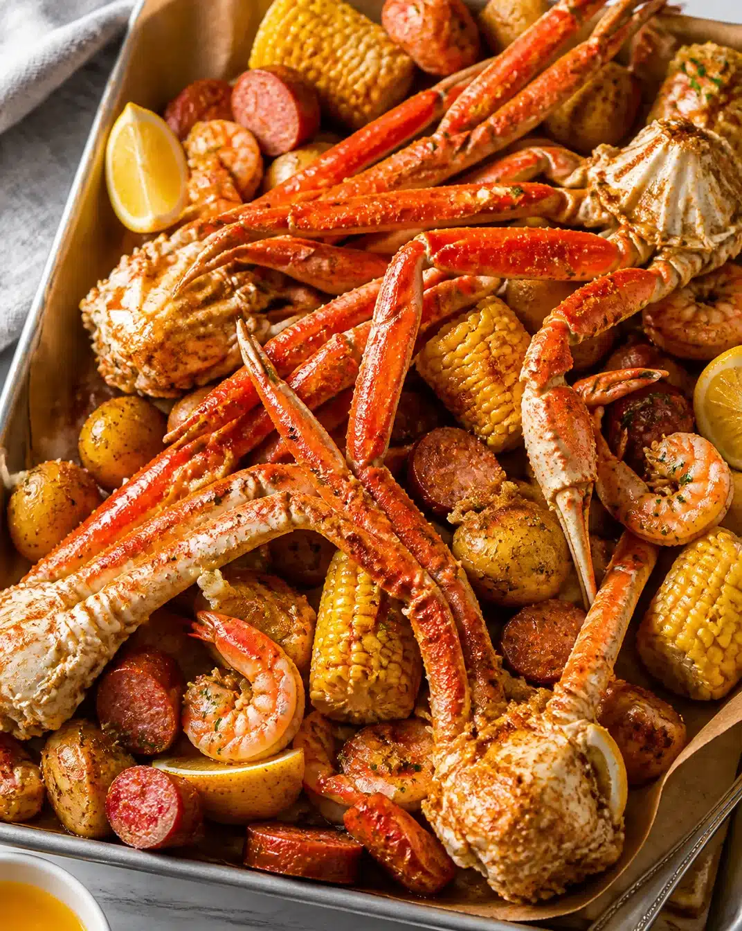 A delicious New England Coastal Crab Boil featuring fresh crab and spices.