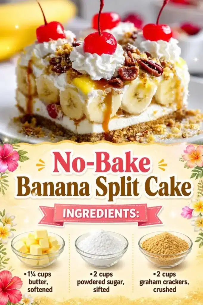 No-Bake Banana Split Cake with layers of banana, chocolate, and whipped cream