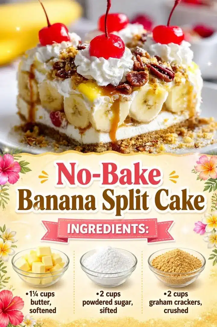 No-Bake Banana Split Cake 1 No-Bake Banana Split Cake with layers of banana, chocolate, and whipped cream