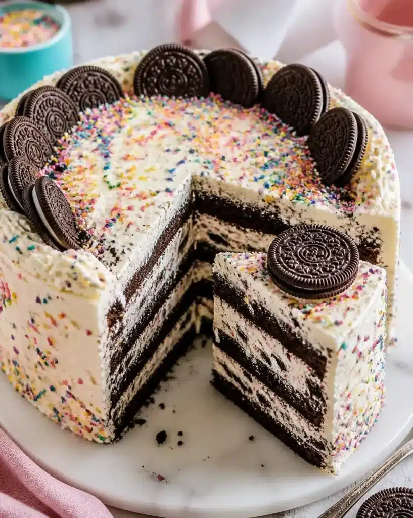 No-Bake Funfetti Oreo Icebox Cake with colorful sprinkles and oreo cookies
