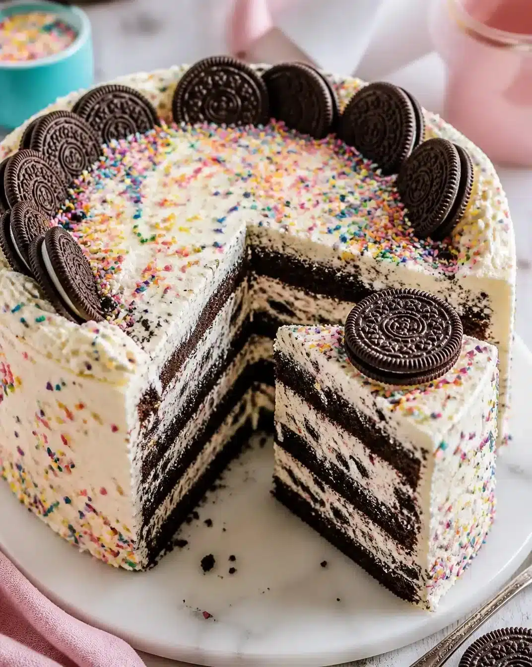 No-Bake Funfetti Oreo Icebox Cake with colorful sprinkles and oreo cookies