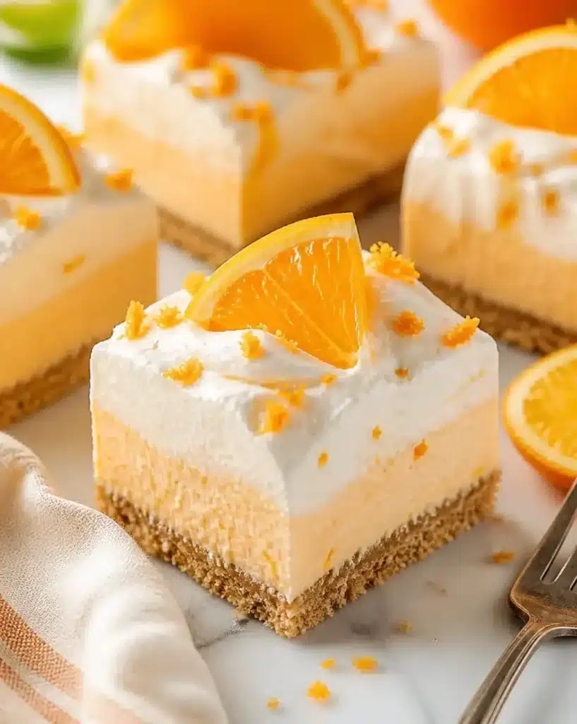 No-bake orange creamsicle bars with a creamy orange filling and cookie crust
