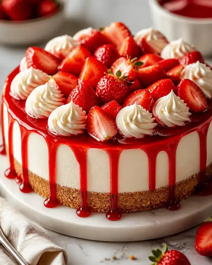Delicious No-Bake Strawberry Icebox Cheesecake topped with fresh strawberries.