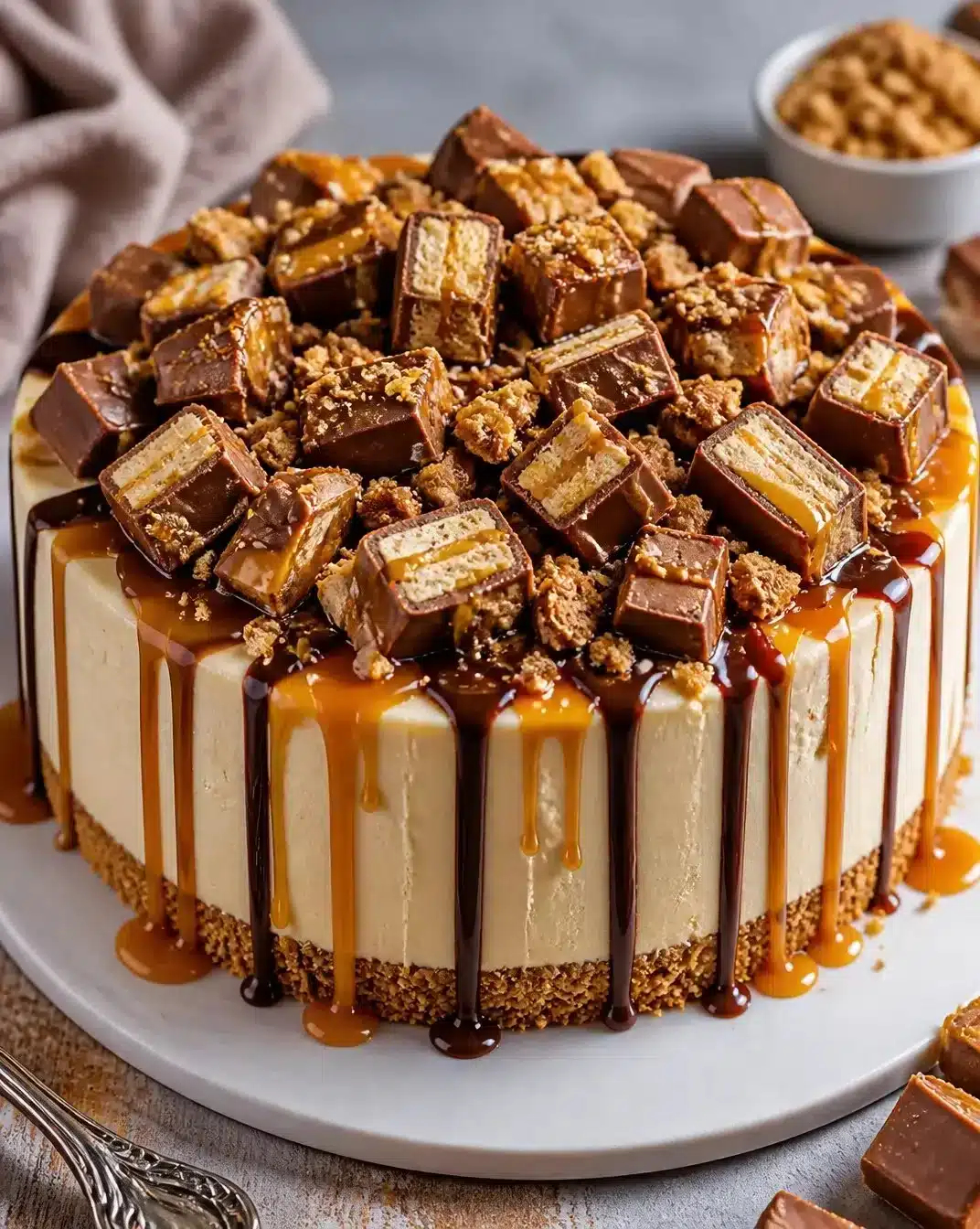 No-Bake Twix Cheesecake topped with caramel and chocolate
