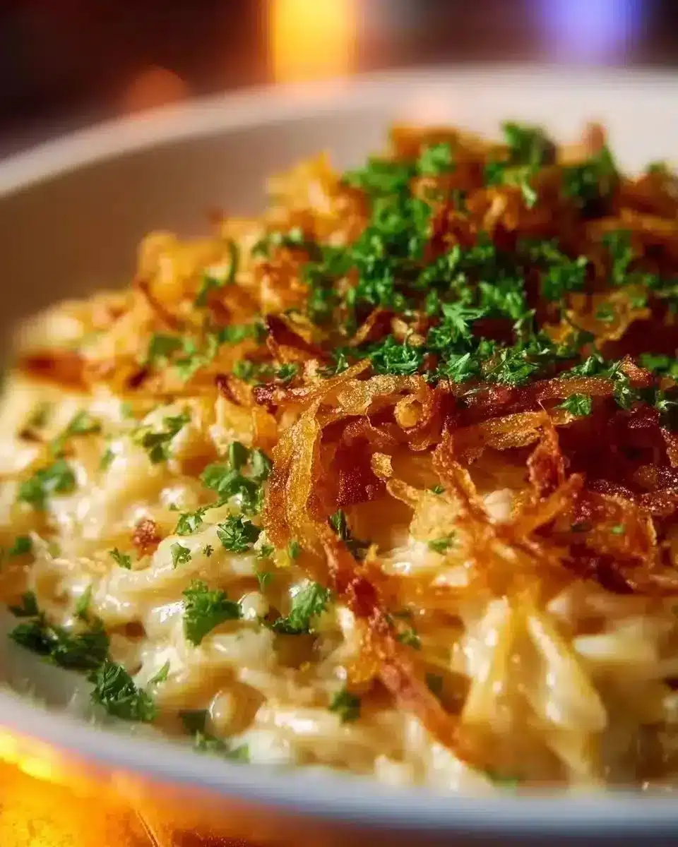Onion-infused chicken and orzo bake, a flavorful and comforting dish.
