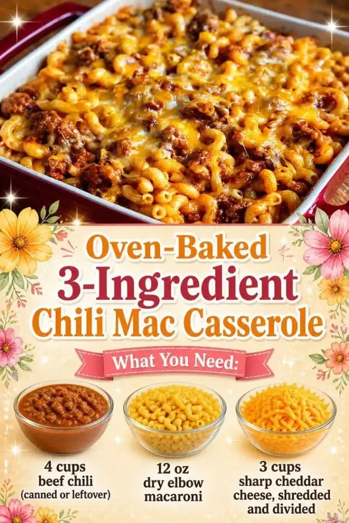 Oven-Baked 3-Ingredient Chili Mac Casserole in a baking dish