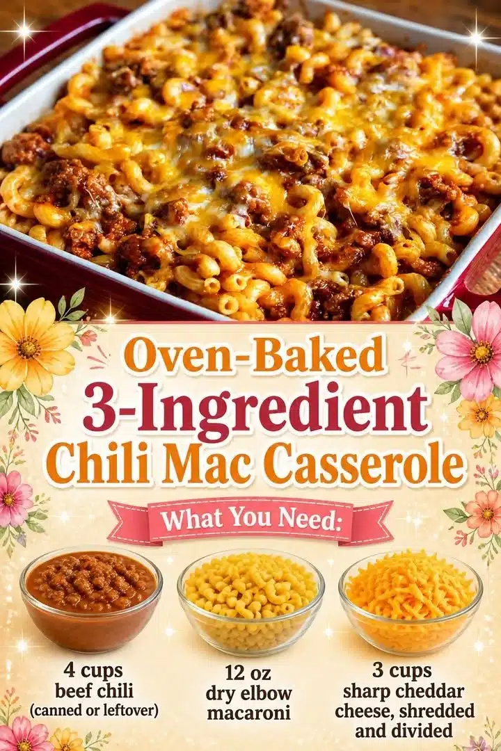 Oven-Baked 3-Ingredient Chili Mac Casserole in a baking dish
