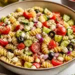 Colorful and fresh Pasta Salad with vegetables and dressing in a bowl