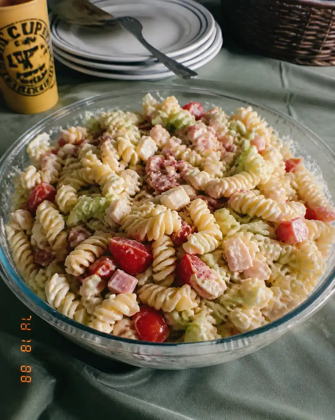 Pasta Salad with club sandwich ingredients including turkey, bacon, and lettuce