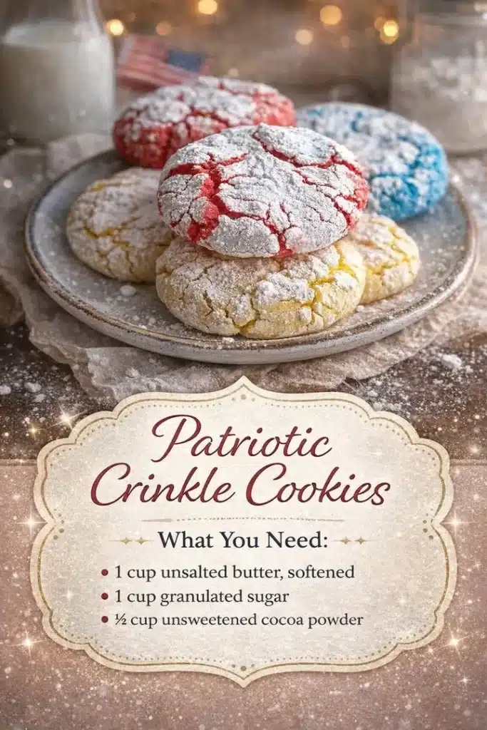 Red, white, and blue patriotic crinkle cookies for festive celebrations.