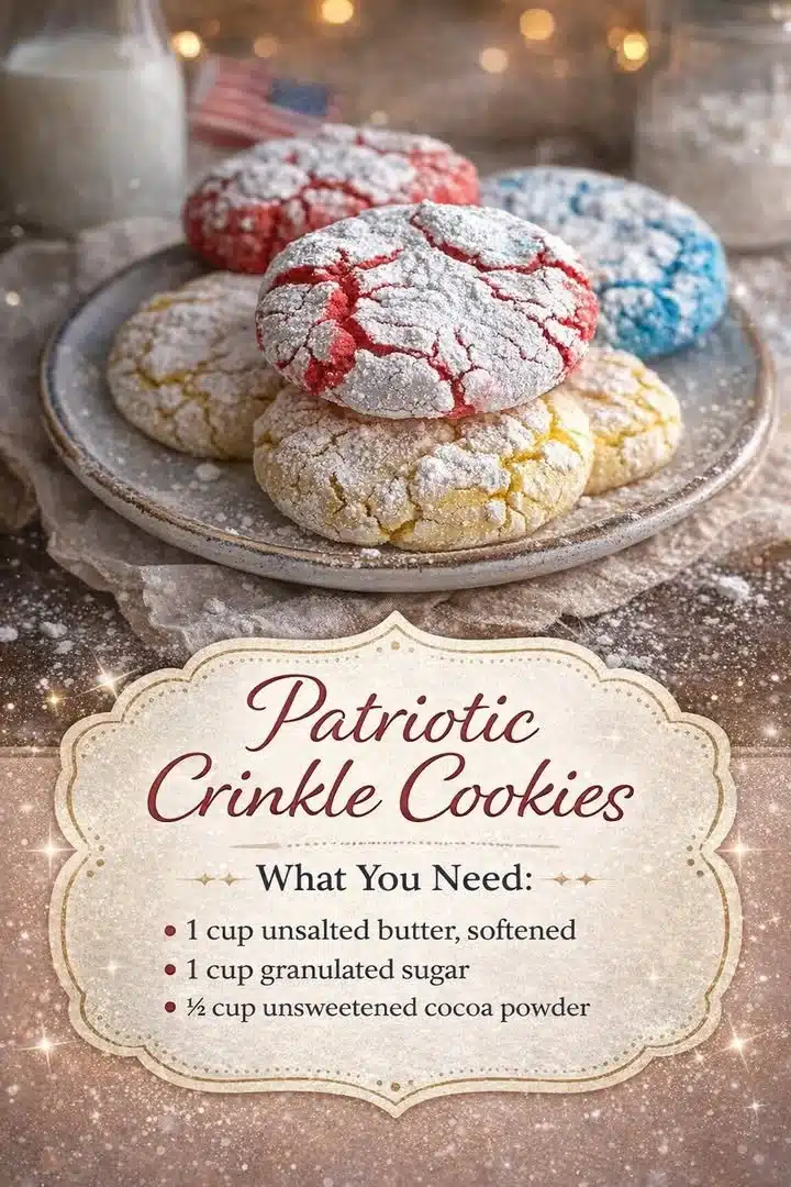 Patriotic Crinkle Cookies 1 Red, white, and blue patriotic crinkle cookies for festive celebrations.