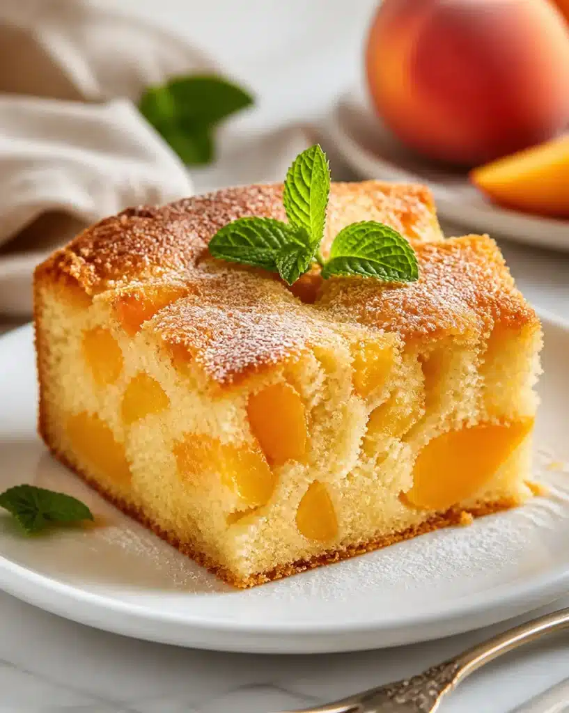 Delicious Peach Cheesecake topped with fresh peaches and creamy cottage cheese
